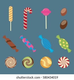 Sweet candies flat icons set - vector