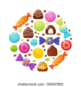 Sweet candies flat icons set. Candies, sweetmeats, lollipops and assorted chocolates colorful lollipops in shape of circle. Sweets and candies icons set in modern flat style. Vector illustration