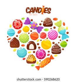 Sweet candies flat icons set. Candies, sweetmeats, lollipops and assorted chocolates colorful lollipops in shape of heart. Sweets and candies icons set in modern flat style. Vector illustration