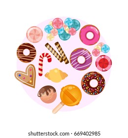 Sweet candies flat icons set in shape of circle with assorted chocolates colorful lollipops isolated vector illustration