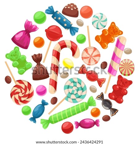 Sweet candies flat icons set in circle shape. Various chocolate candies, colorful lollipops, sugar caramel in wrapper. Isolated vector illustration