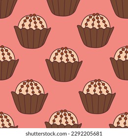 Sweet candies food seamless pattern. Cute hand drawn seamless background with Brazilian brigadeiro chocolate desserts with sprinkles on pink backdrop