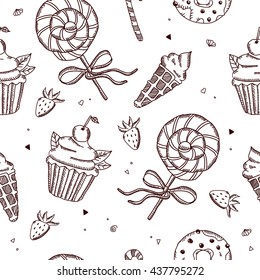 Sweet candies, fruits and ice cream seamless pattern. Hand drawn illustration in vintage style. Perfect for restaurant menu, wrapping paper and postcard.