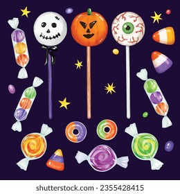 dulces y lollipops de Halloween. Niños de Halloween pueden usar elementos vectoriales aislados 