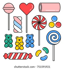 Sweet candies hand drawn icons set with colorful lollipops gummy bears isolated vector illustration