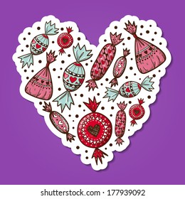 Sweet candies heart. Paper sticker imitation. Vector card concept. Romantic tender design