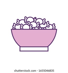 Sweet candies inside bowl line fill style icon design, Sugar caramel bonbon food dessert snack tasty and vintage theme Vector illustration