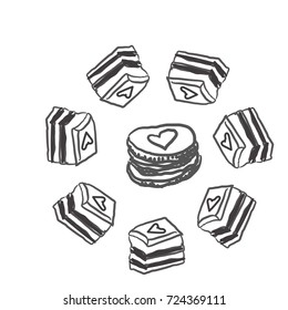 Sweet candies line icons set in shape of circle with assorted chocolates colorful isolated vector illustration, sweetest day