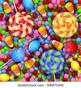 Sweet of candies with lollipop and candy corn