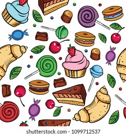 Sweet candies seamless pattern on white background. Sweets and candies set. Doodle style.