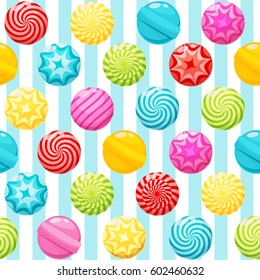 Sweet candies seamless pattern on stripes background. Candies, sweetmeats, lollipops and assorted chocolates colorful lollipops. Sweets and candies icons set in modern flat style. Vector illustration