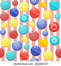 Sweet candies seamless pattern on stripes background. Candies, sweetmeats, lollipops and assorted chocolates colorful lollipops. Sweets and candies icons set in modern flat style. Vector illustration