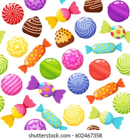 Sweet candies seamless pattern on white background. Candies, sweetmeats, lollipops and assorted chocolates colorful lollipops. Sweets and candies icons set in modern flat style. Vector illustration