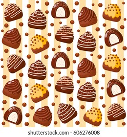 Sweet candies seamless pattern on stripes background. Candies, sweetmeats, lollipops and assorted chocolates. colorful icons set in modern flat style. Vector illustration