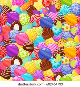 Sweet candies seamless pattern. Candies, sweetmeats, lollipops and assorted chocolates colorful lollipops. Sweets and candies icons set in modern flat style. Vector illustration