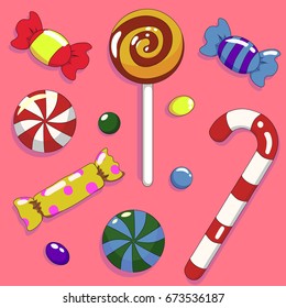 Sweet candies set colorful lollipops isolated vector illustration