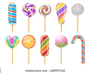 Sweet candies, sweets, caramel, rainbow lollipops, cotton candy and sucker 3d vector illustration isolated