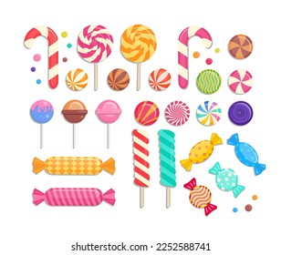 Sweet Candies Vector Set. Collection of Sweets, Candies, Lollipops, Gumballs, Sugar Caramel, and Twisted Marshmallows. 