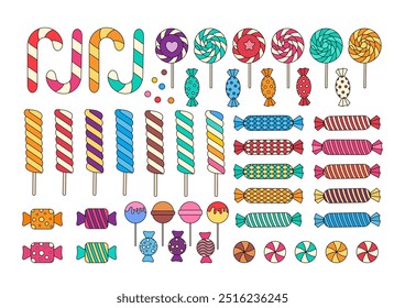 Sweet Candies Vector Set. Collection of  Doodle  Sweets, Lollipops, Twisted Marshmallows