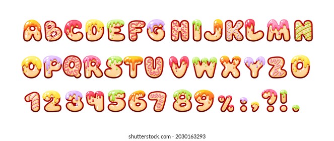 Sweet candy alphabet childish letters set. Multicolored font with delicious different types covered by bright glaze. Funny dessert for kids art typography text design. Cute cookie decor cartoon vector