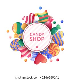Sweet candy background. 3d lollipop round frame for shop, sugar sticks with sprinkles, caramel cane borders, tasty pink confectionery logotype or emblem. Realistic vector template