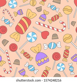Sweet candy background - Vector color seamless pattern of lollipop, caramel, chocolate and sugar for graphic design