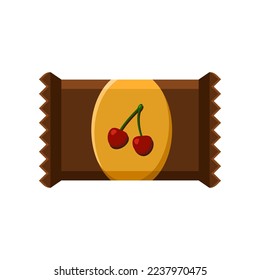 Sweet candy bar package with cherry vector illustration. Snack cocoa product for vending machine isolated on white background. Junk food, beverage, lunch concept.