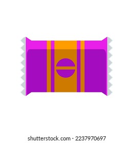 Sweet candy bar in purple package vector illustration. Snack cocoa product for vending machine isolated on white background. Junk food, beverage, lunch concept.