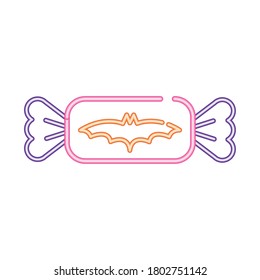 sweet candy with bat halloween neon style icon vector illustration design