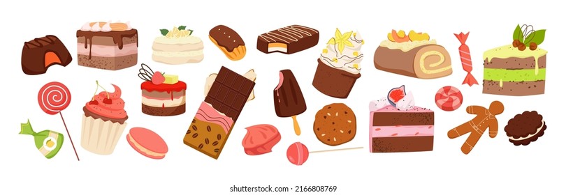 Sweet candy and cakes set vector illustration. Cartoon sugar snack confection scrapbook collection with assorted menu dessert food isolated on white. Pastry, sweetmeats, birthday party concept