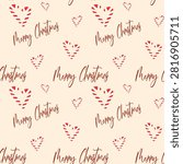 Sweet candy cane hearts and text creating a festive holiday seamless pattern