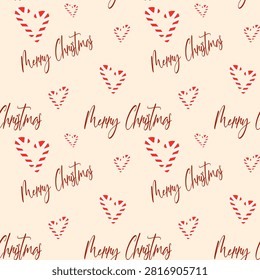 Sweet candy cane hearts and text creating a festive holiday seamless pattern
