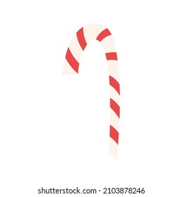 Sweet candy cane for traditional Christmas celebration, flat vector illustration isolated on white background. Hand drawn striped treat.