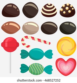 Sweet candy, caramel lollipop set, colored chocolate candies collection with wrapper, sugar sweet-stuff vector food, design element for christmas