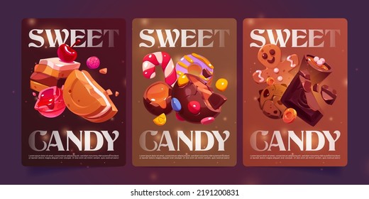 Sweet candy cartoon posters with bakery desserts, chocolate, sweets, choco praline, nuts or cocoa topping, caramel, crispy cookie and xmas gingerbread man patisserie assortment, Vector promo banners