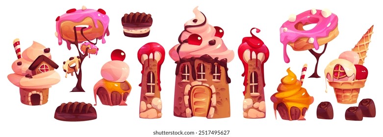 Elementos de doce castelo conjunto isolado no fundo branco. Ilustração de desenho animado de gengibre bonito, biscoito, casas de muffin decoradas com sorvete rosa, geleia, chocolate, caramelo, terra dos sonhos