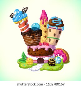 Sweet candy castle. A fairytale castle with towers of cakes and ice cream. Cartoon vector illustration.