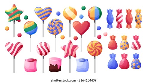 Dulces caramelos. Ternera de chocolate, copas brillantes, deshuesados y dragas de manzana, comida de azúcar, maíz y regaliz coloridos para la fiesta de cumpleaños, decoración de envoltura redonda a rayas ilustraciones vectoriales