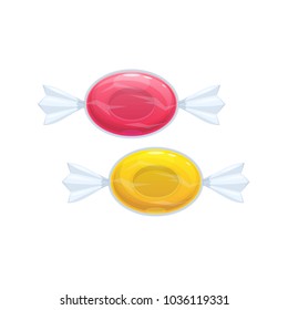 Sweet candy in colorful package. Dessert, delicious food, sweets for tea. Gifts for holidays, birthday, christmas. Colorful candy, caramel, lollipops. Vector illustration isolated.
