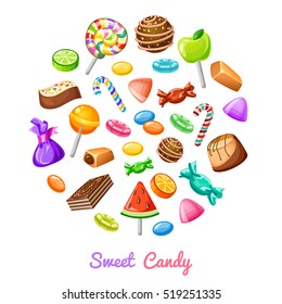 Sweet candy composition with colored flat isolated icon set combined in big round and headline sweet candy vector illustration