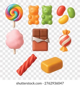 Sweet Candy and Confectionery Vector Icon Set | 3D icon set | rainbow lollipop, gummy bears, jelly beans,  fluffy pink cotton candy, chocolate bar, striped hard candy, licorice twist,  chewy caramel cube