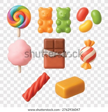 Sweet Candy and Confectionery Vector Icon Set | 3D icon set | rainbow lollipop, gummy bears, jelly beans,  fluffy pink cotton candy, chocolate bar, striped hard candy, licorice twist,  chewy caramel cube