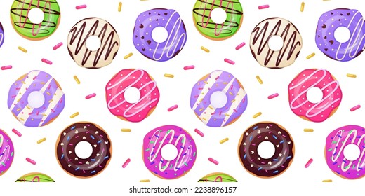 Sweet candy, cute donut top view, cupcake pattern. Summer kid background for funny t-shirt print, pastel children design. Decor textile, wrapping paper, wallpaper vector seamless recent texture