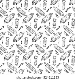 Sweet Candy Design. Hand-drawn Sketch Vector Illustration. Ideal Drawing Pattern. Seamless Doodles for Birthday, New-Year, Christmas, Valentine's, Party, Print, Congratulations Wrapping, Wallpaper.