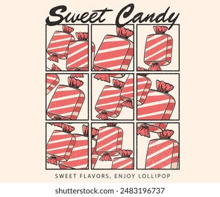 Sweet candy design for t shirt. Hand drawn  candy artwork for design t shirt, poster, holiday card, brochures, menu cafe, pizzeria. Candy clipart, Sweet candy drawing for kid, girl, boy.