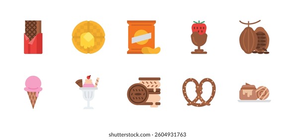 sweet and candy dessert icons. flat color style icon set