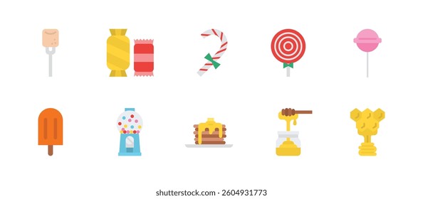 sweet and candy dessert icons. flat color style icon set