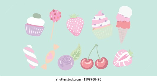 sweet, candy and dessert icons on pastel colors