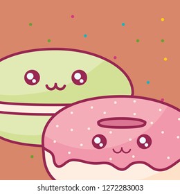 sweet candy with donut kawaii characters