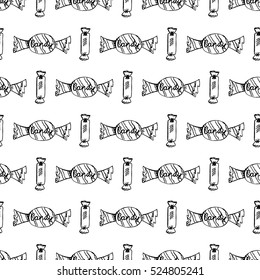 Sweet Candy Doodles. Hand-drawn Design Vector Illustration. Ideal Drawing Pattern. Seamless Sketch for Birthday, New-Year, Christmas, Valentine's, Party, Print, Congratulations Wrapping, Wallpaper.